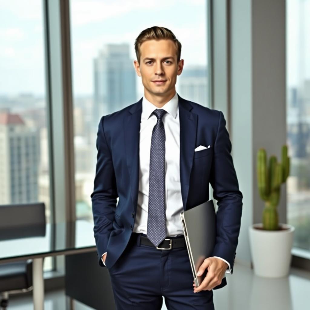 An elegant businessman standing confidently in a modern office environment, wearing a tailored dark blue suit and a crisp white shirt with a subtly patterned tie