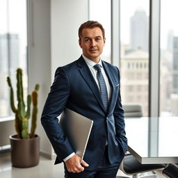 An elegant businessman standing confidently in a modern office environment, wearing a tailored dark blue suit and a crisp white shirt with a subtly patterned tie