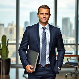 An elegant businessman standing confidently in a modern office environment, wearing a tailored dark blue suit and a crisp white shirt with a subtly patterned tie