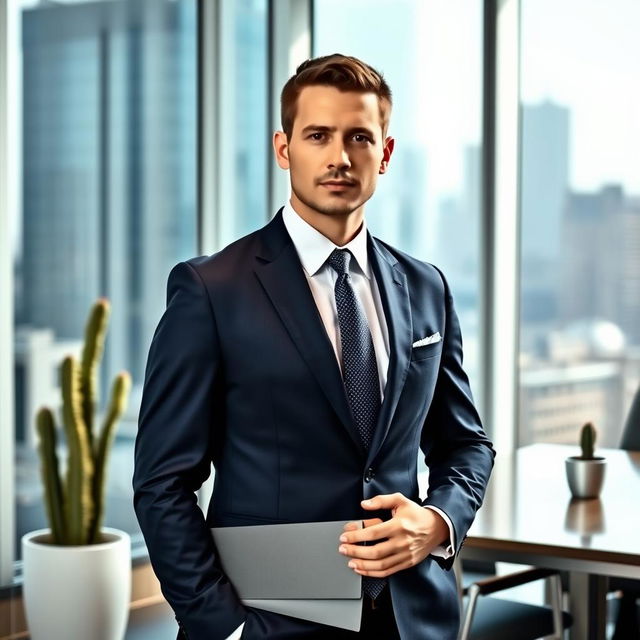 An elegant businessman standing confidently in a modern office environment, wearing a tailored dark blue suit and a crisp white shirt with a subtly patterned tie