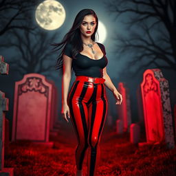 A sexy, beautiful, innocent-looking long hourglass shaped girl with medium-sized breasts and very low, very wide, fat saddle bag low bimbo hips