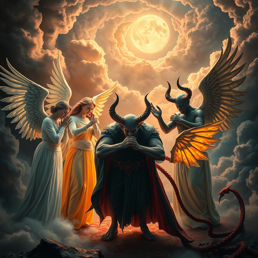 A visually striking scene depicting a dramatic and symbolic encounter between angels and devils