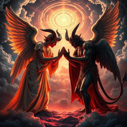 A visually striking scene depicting a dramatic and symbolic encounter between angels and devils