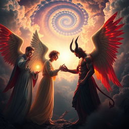 A visually striking scene depicting a dramatic and symbolic encounter between angels and devils