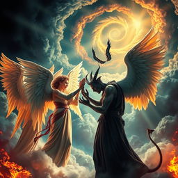 A visually striking scene depicting a dramatic and symbolic encounter between angels and devils