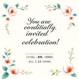 A beautifully designed invitation card for a special event, featuring an elegant floral border with pastel colors such as soft pinks, blues, and greens