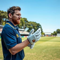 A serene scene on a cricket field where Lionel Messi, dressed in cricket gear, walks up calmly while adjusting his gloves