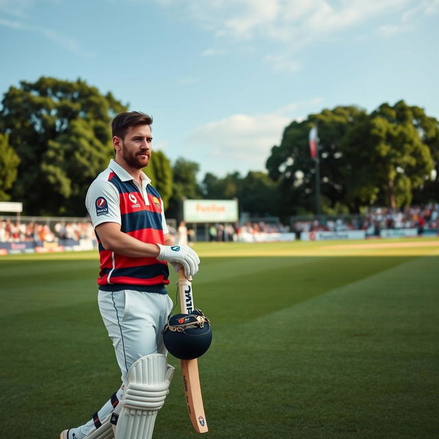 A serene scene on a cricket field where Lionel Messi, dressed in cricket gear, walks up calmly while adjusting his gloves