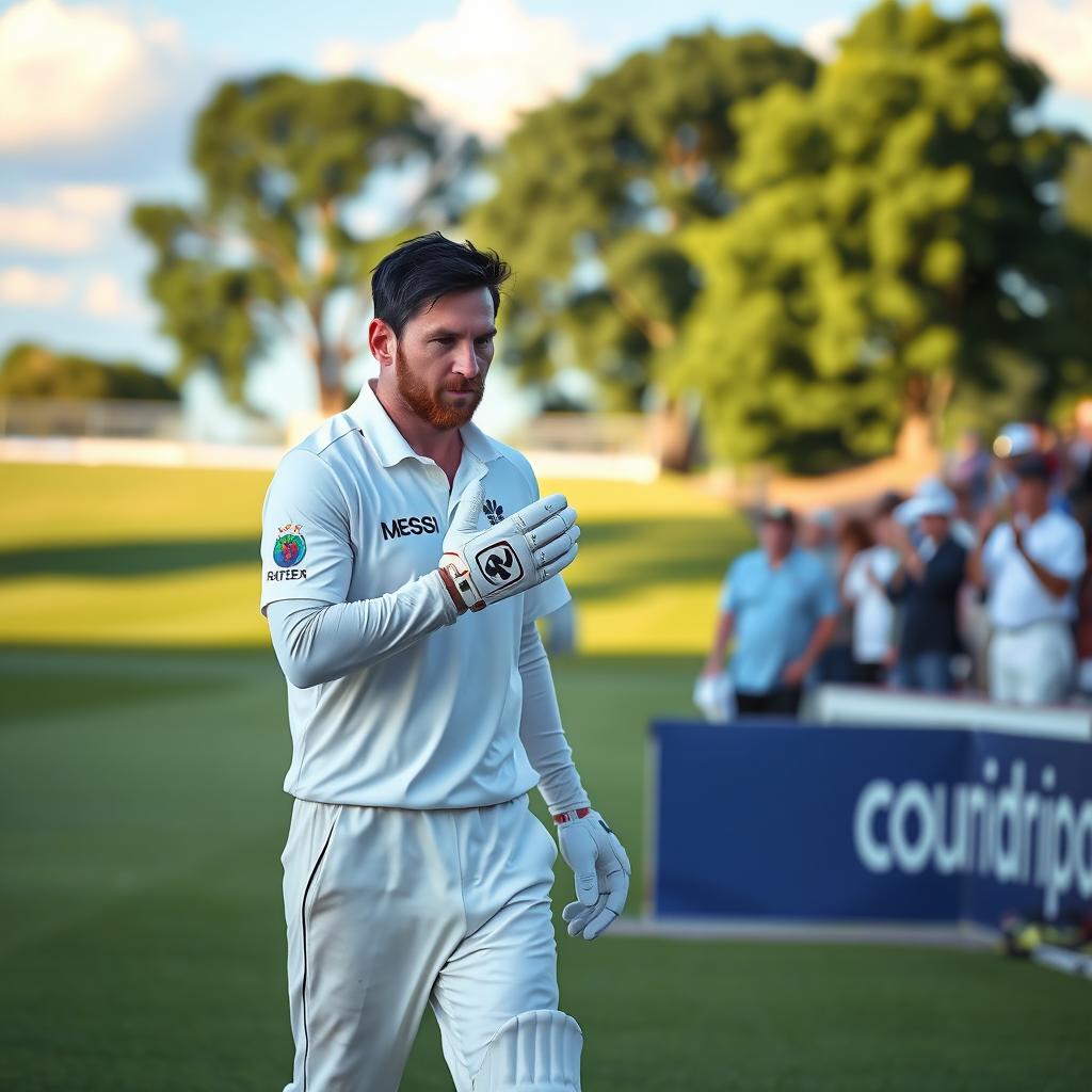 A serene scene on a cricket field where Lionel Messi, dressed in cricket gear, walks up calmly while adjusting his gloves