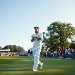 A serene scene on a cricket field where Lionel Messi, dressed in cricket gear, walks up calmly while adjusting his gloves