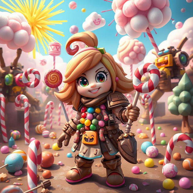 A whimsical and colorful candy-themed character in a VIPZ Alliance war zone