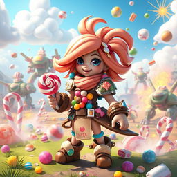 A whimsical and colorful candy-themed character in a VIPZ Alliance war zone