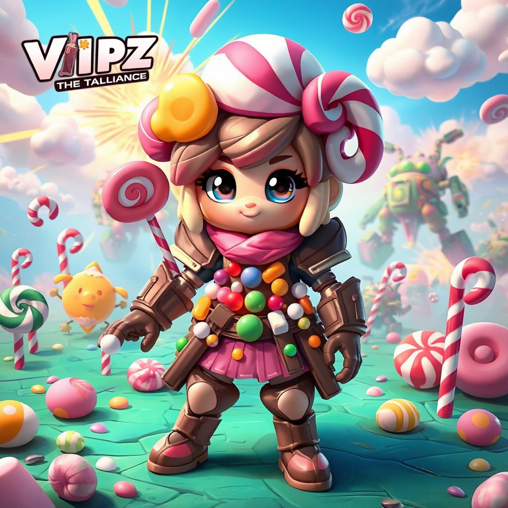 A whimsical and colorful candy-themed character in a VIPZ Alliance war zone