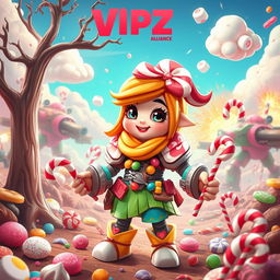 A whimsical and colorful candy-themed character in a VIPZ Alliance war zone