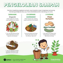 Sebuah poster informatif tentang pengelolaan sampah, menampilkan gambar keranjang sampah yang terpisah untuk organik, anorganik, dan daur ulang