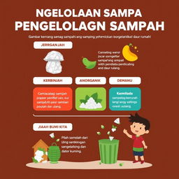 Sebuah poster informatif tentang pengelolaan sampah, menampilkan gambar keranjang sampah yang terpisah untuk organik, anorganik, dan daur ulang