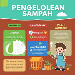 Sebuah poster informatif tentang pengelolaan sampah, menampilkan gambar keranjang sampah yang terpisah untuk organik, anorganik, dan daur ulang