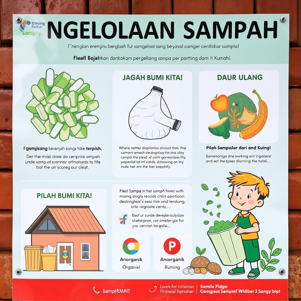 Sebuah poster informatif tentang pengelolaan sampah, menampilkan gambar keranjang sampah yang terpisah untuk organik, anorganik, dan daur ulang