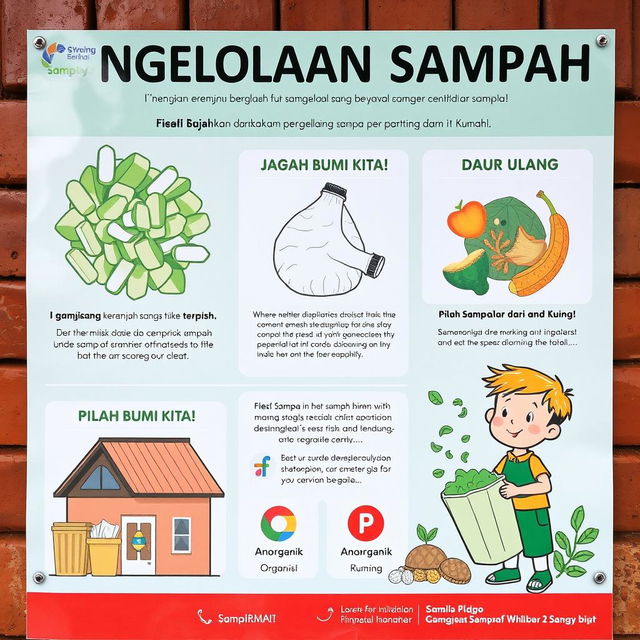 Sebuah poster informatif tentang pengelolaan sampah, menampilkan gambar keranjang sampah yang terpisah untuk organik, anorganik, dan daur ulang