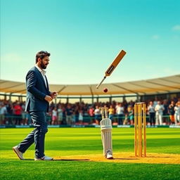 In a vivid cricket scene, Lionel Messi, dressed in a stylish cricket outfit, walks up calmly to the pitch