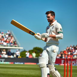 In a vivid cricket scene, Lionel Messi, dressed in a stylish cricket outfit, walks up calmly to the pitch