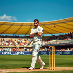 In a vivid cricket scene, Lionel Messi, dressed in a stylish cricket outfit, walks up calmly to the pitch