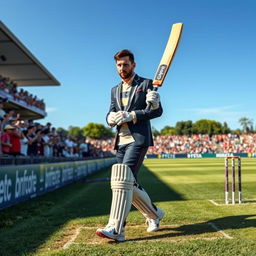 In a vivid cricket scene, Lionel Messi, dressed in a stylish cricket outfit, walks up calmly to the pitch