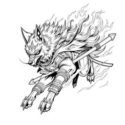 A stunning line art illustration of a ninja wolf, showcasing intricate details in its fur and armor