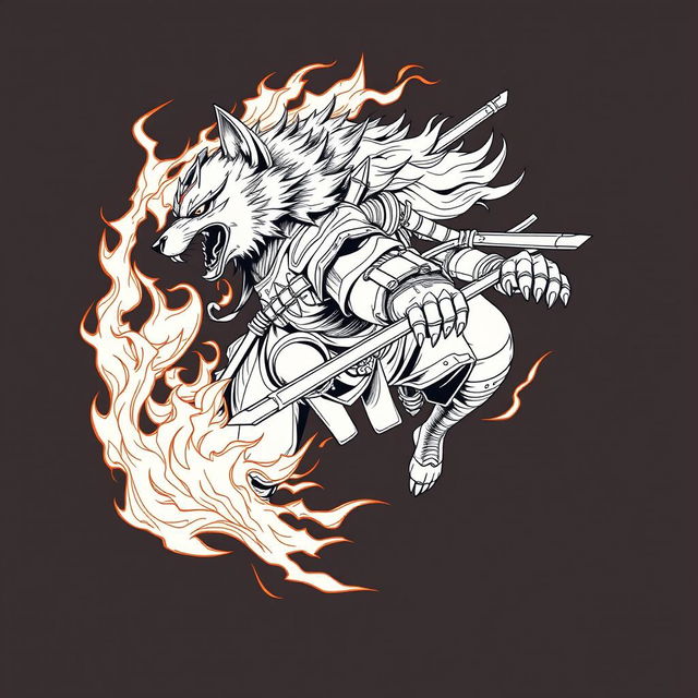 A stunning line art illustration of a ninja wolf, showcasing intricate details in its fur and armor