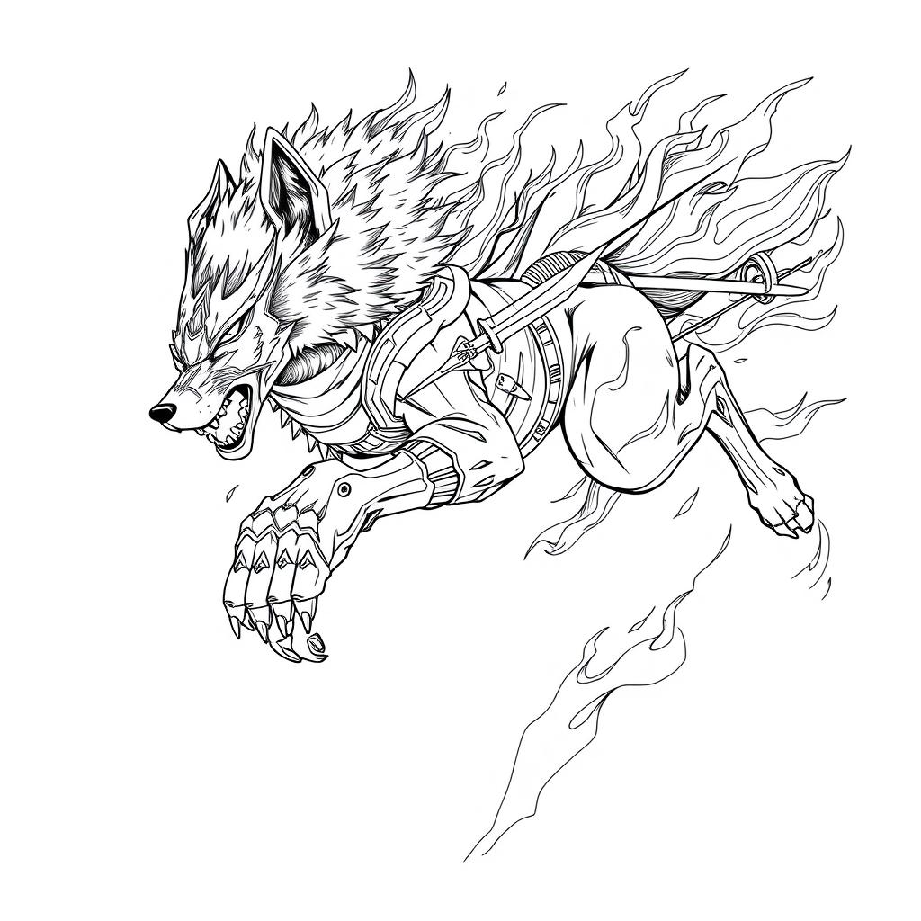 A stunning line art illustration of a ninja wolf, showcasing intricate details in its fur and armor