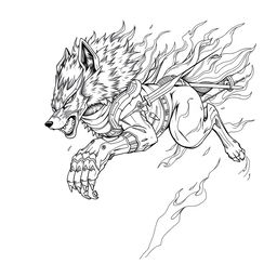 A stunning line art illustration of a ninja wolf, showcasing intricate details in its fur and armor