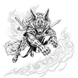 A stunning line art illustration of a ninja wolf, showcasing intricate details in its fur and armor