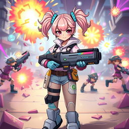 A character named Candy stands confidently in a vibrant, chaotic VIPz alliance war zone, embodying a unique blend of cuteness and badassery