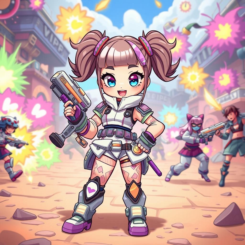 A character named Candy stands confidently in a vibrant, chaotic VIPz alliance war zone, embodying a unique blend of cuteness and badassery