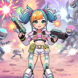 A character named Candy stands confidently in a vibrant, chaotic VIPz alliance war zone, embodying a unique blend of cuteness and badassery