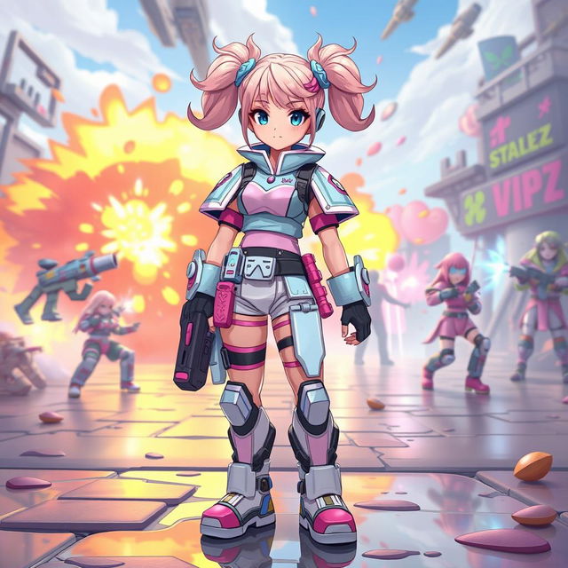 A character named Candy stands confidently in a vibrant, chaotic VIPz alliance war zone, embodying a unique blend of cuteness and badassery