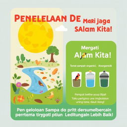 Poster tentang pengelolaan sampah di alam, menampilkan ilustrasi bumi yang hijau dan bersih dengan pepohonan, sungai jernih, dan hewan-hewan seperti burung dan rusa