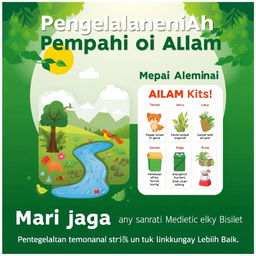 Poster tentang pengelolaan sampah di alam, menampilkan ilustrasi bumi yang hijau dan bersih dengan pepohonan, sungai jernih, dan hewan-hewan seperti burung dan rusa
