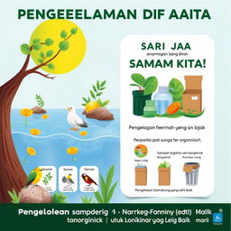 Poster tentang pengelolaan sampah di alam, menampilkan ilustrasi bumi yang hijau dan bersih dengan pepohonan, sungai jernih, dan hewan-hewan seperti burung dan rusa