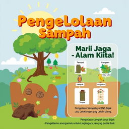 Poster tentang pengelolaan sampah di alam, menampilkan ilustrasi bumi yang hijau dan bersih dengan pepohonan, sungai jernih, dan hewan-hewan seperti burung dan rusa
