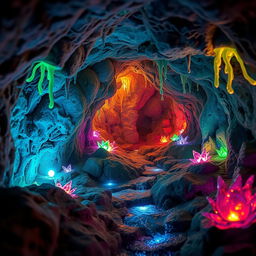A whimsical underground cave scene filled with sparkling gemstones and vibrant stalactites, illuminated by a warm, soft glow