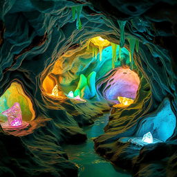 A whimsical underground cave scene filled with sparkling gemstones and vibrant stalactites, illuminated by a warm, soft glow