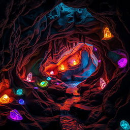 A whimsical underground cave scene filled with sparkling gemstones and vibrant stalactites, illuminated by a warm, soft glow