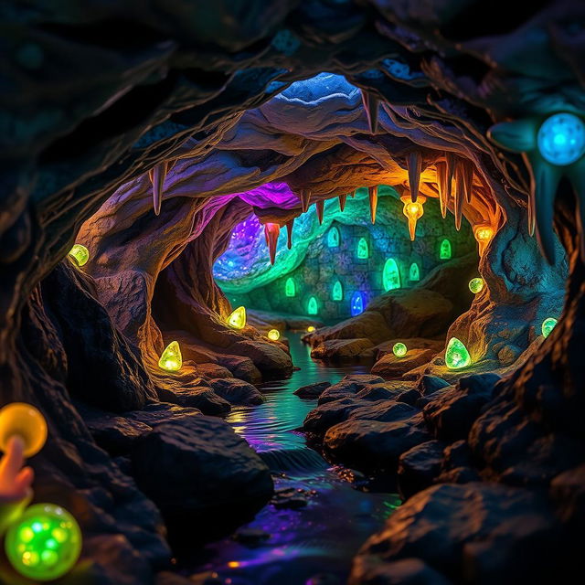 A whimsical underground cave scene filled with sparkling gemstones and vibrant stalactites, illuminated by a warm, soft glow