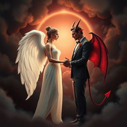 A captivating scene depicting an angel and a devil in a symbolic marriage