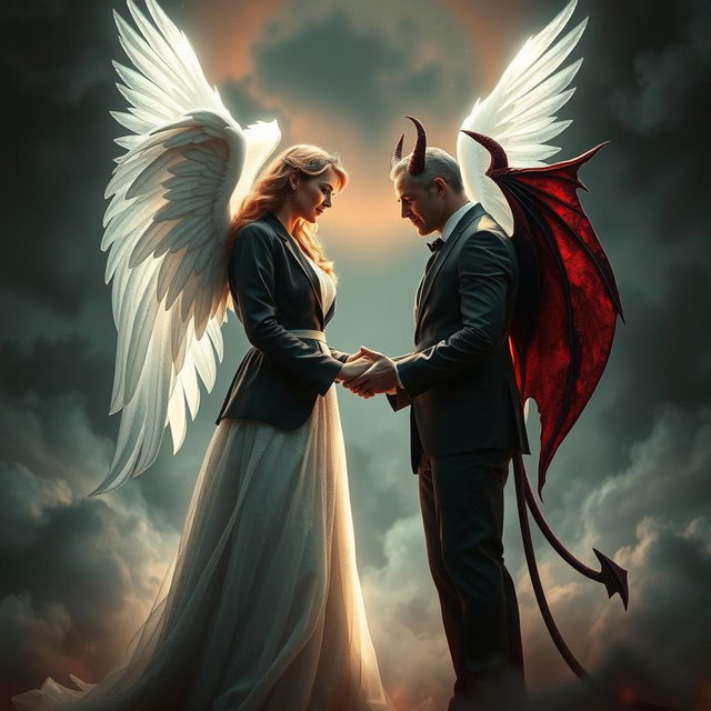 A captivating scene depicting an angel and a devil in a symbolic marriage