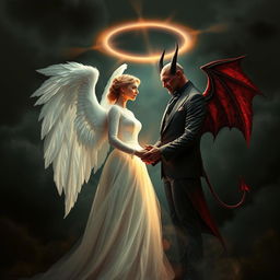 A captivating scene depicting an angel and a devil in a symbolic marriage