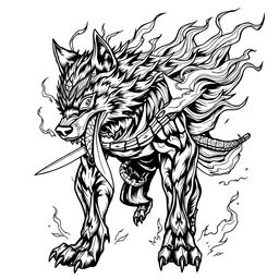 A highly detailed black and white line art illustration of a fierce ninja wolf engulfed in flames, showcasing intricate patterns and textures in the fur and the fire