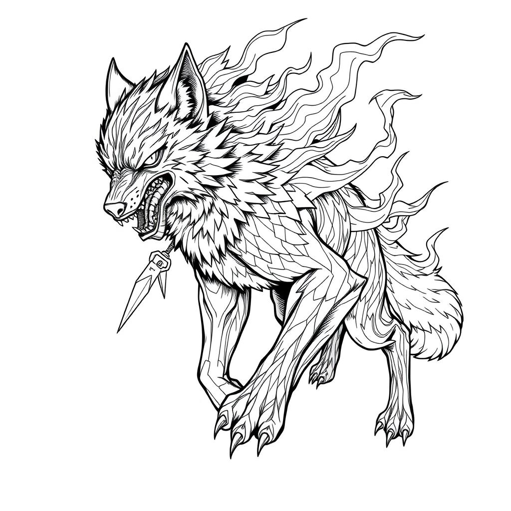 A highly detailed black and white line art illustration of a fierce ninja wolf engulfed in flames, showcasing intricate patterns and textures in the fur and the fire