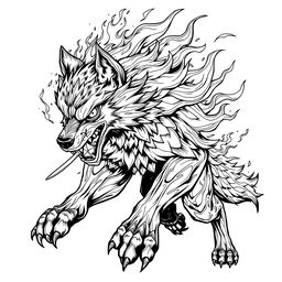 A highly detailed black and white line art illustration of a fierce ninja wolf engulfed in flames, showcasing intricate patterns and textures in the fur and the fire